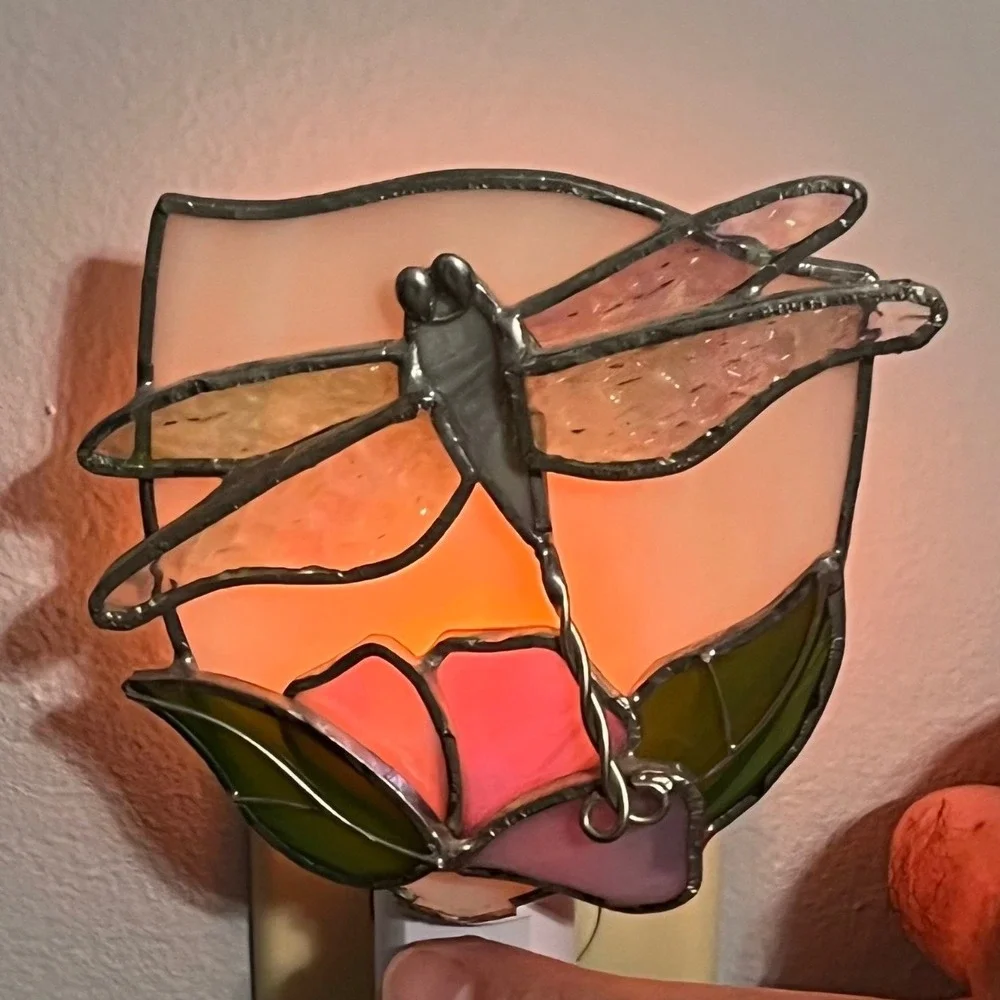 VTG Stained Glass Iridescent Dragonfly Night Light Cover Window Decor Art Glass